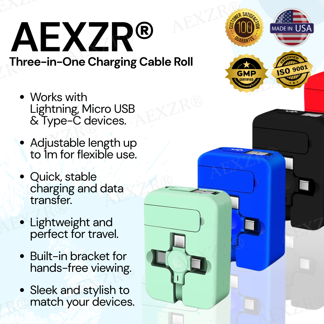 AEXZR® Three-in-One Charging Cable Roll 🅻🅸🅼🅸🆃🅴🅳 🅳🅸🆂🅲🅾🆄🅽🆃🆂 🆄🅿 🆃🅾 7️⃣0️⃣%